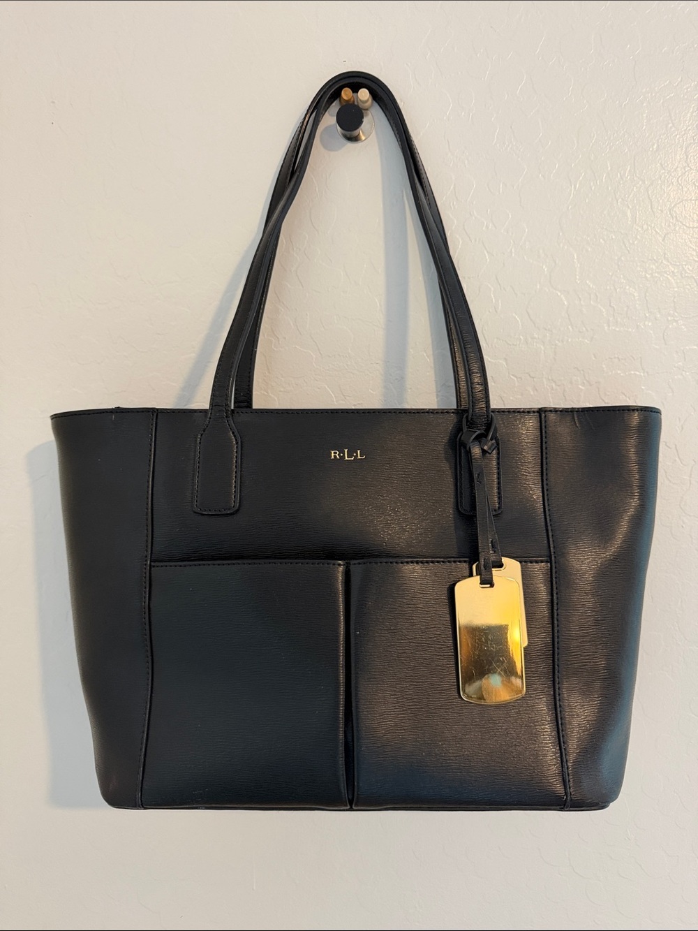 Lauren Ralph Lauren Black Leather Tote with Gold Tag
